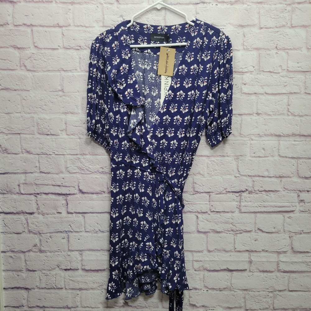 NEW MINKPINK Floral Wrap Dress L Shady Days‎ Blue Ruffle Block Print Casual Boho